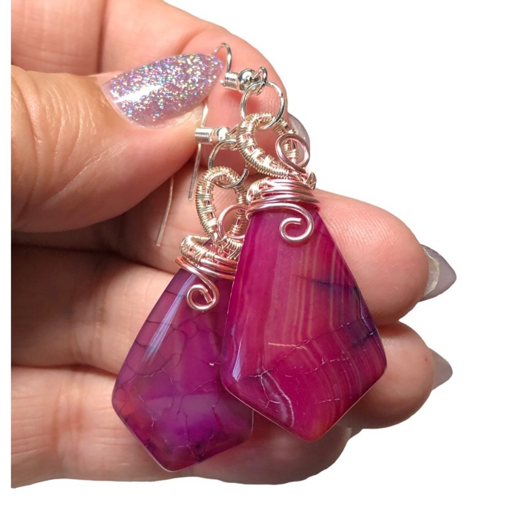 💕💜 pink dragon vein agate and copper earrings-artisan Handmade